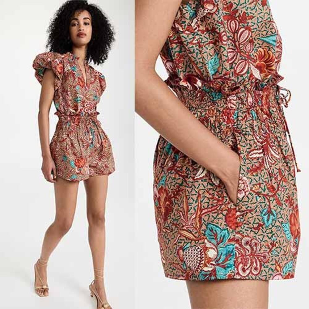 NEW Ulla Johnson Rylan Floral Elastic Ruffle Drawstring Pleat Short Primrose